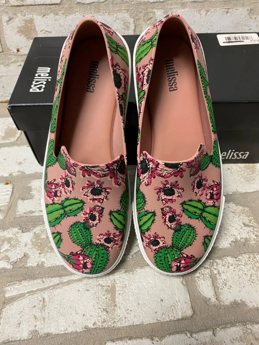 Melissa Pink Slip-On Flats with Green Cactus Print - Picture 1 of 4